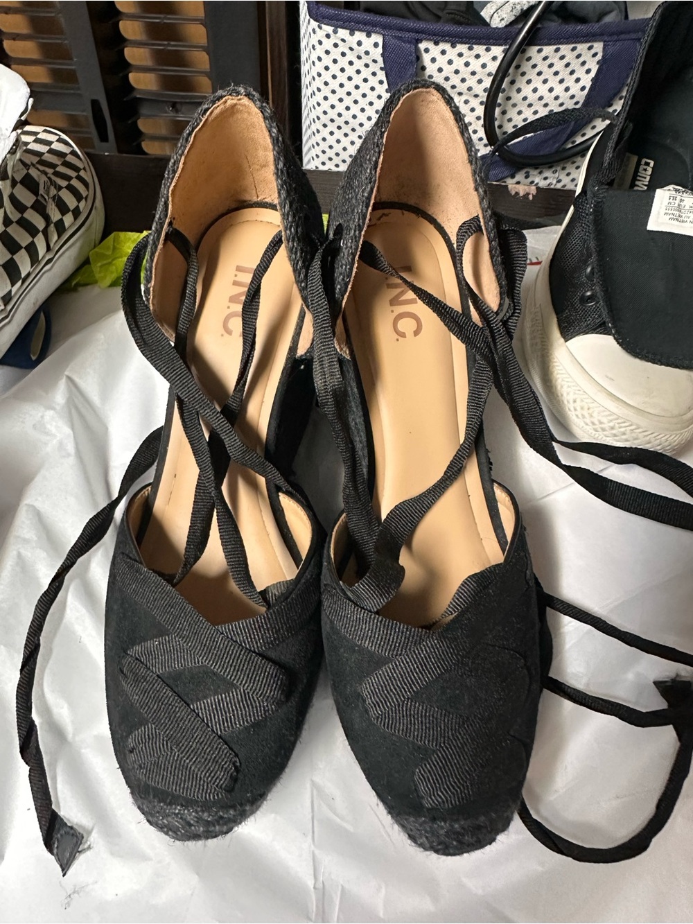 INC International Concepts Black Lace-Up Espadrille Wedges (worn only 1 time)